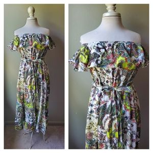 Off Shoulder Ruffle Paisley Cotton Maxi Dress Large